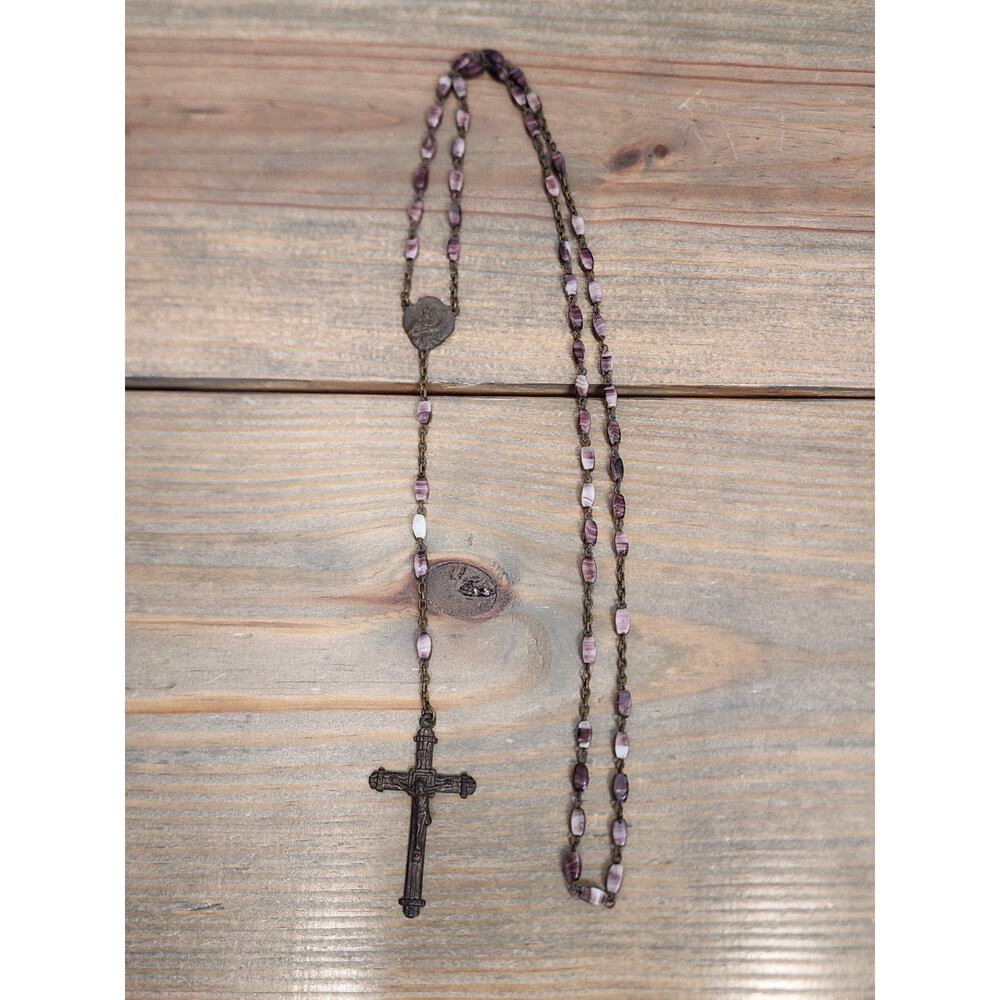 Vintage Czechoslovakia Purple Agate Glass Religious Catholic Rosary Beads